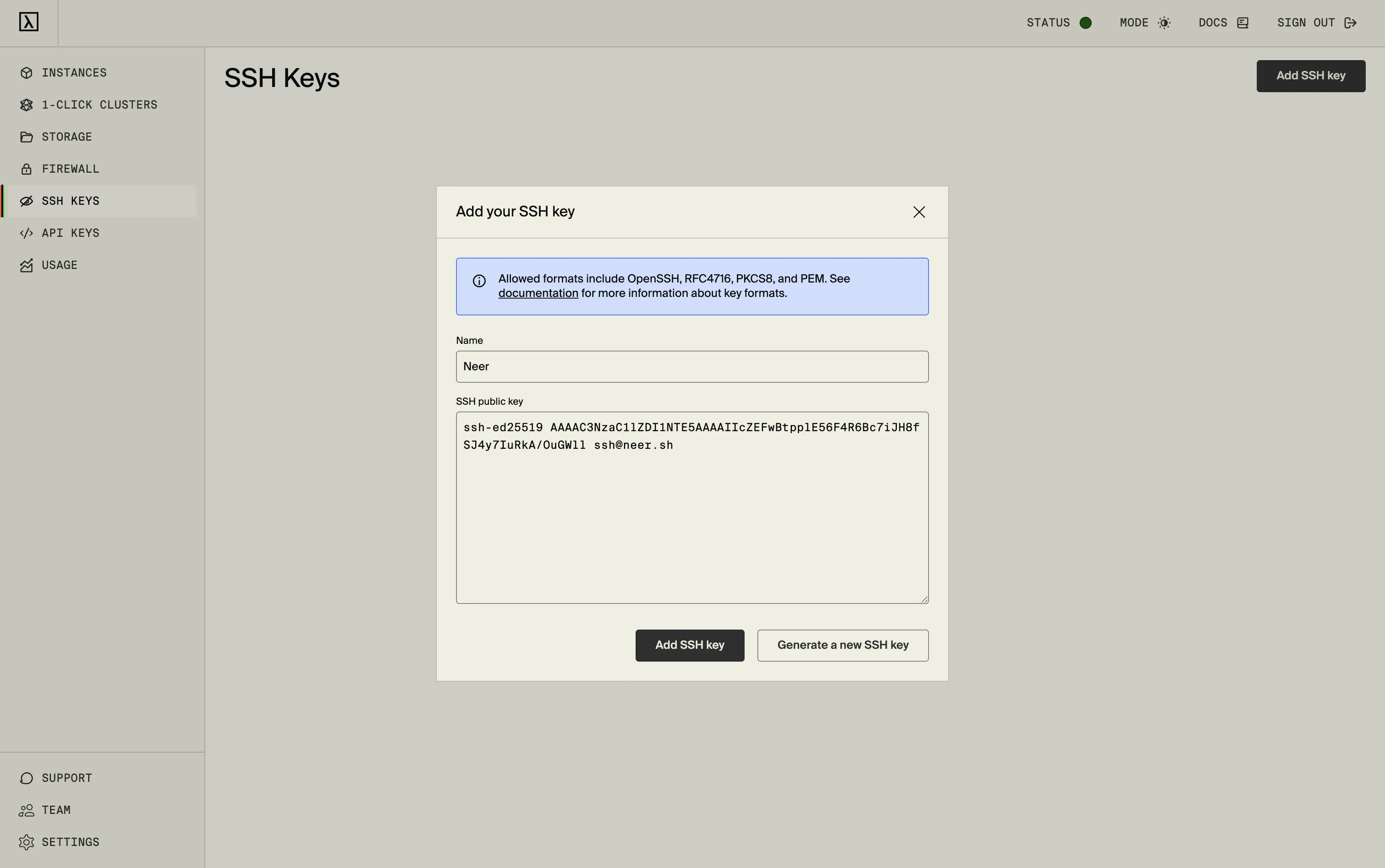 Lambda SSH Keys page showing the Add SSH key dialog